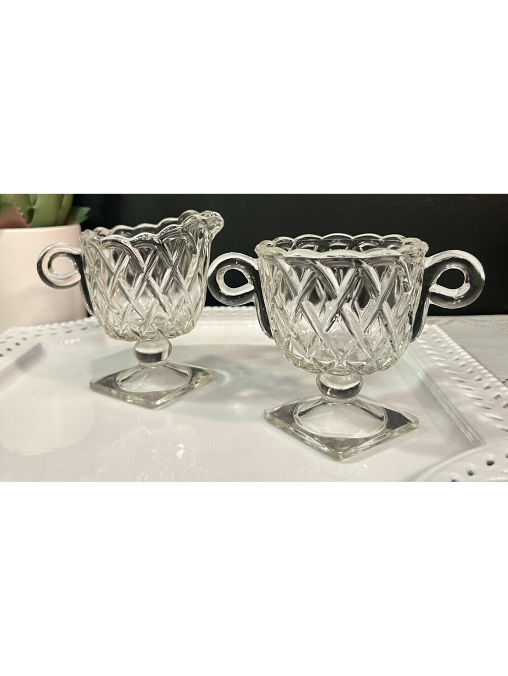 VINTAGE CLEAR PRETZLEL FOOTED SUGAR AND CREAMER BY INDIANA GLASS Co